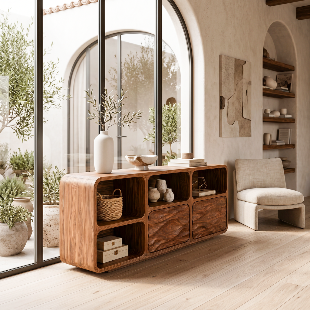 Contemporary Console Table With Wave Carved Drawers For Living Room