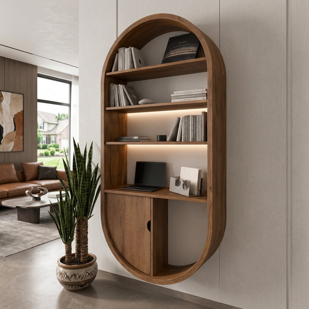 Arched Wooden Wall Bookshelf With Storage For Living Room