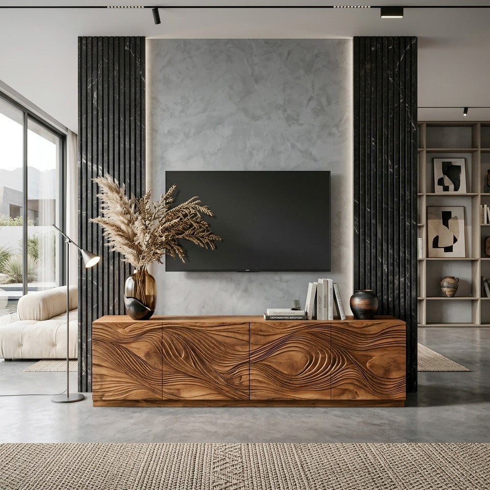 Artistic TV Console With Wave Pattern For Elegant Living Room