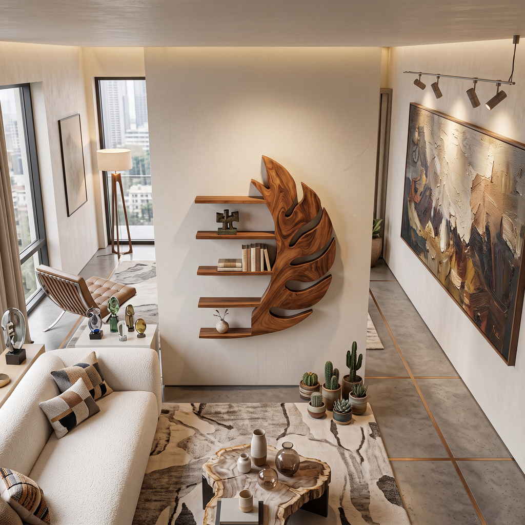 Contemporary Wooden Leaf Shape Floating Bookshelf For Home Decor - view 2