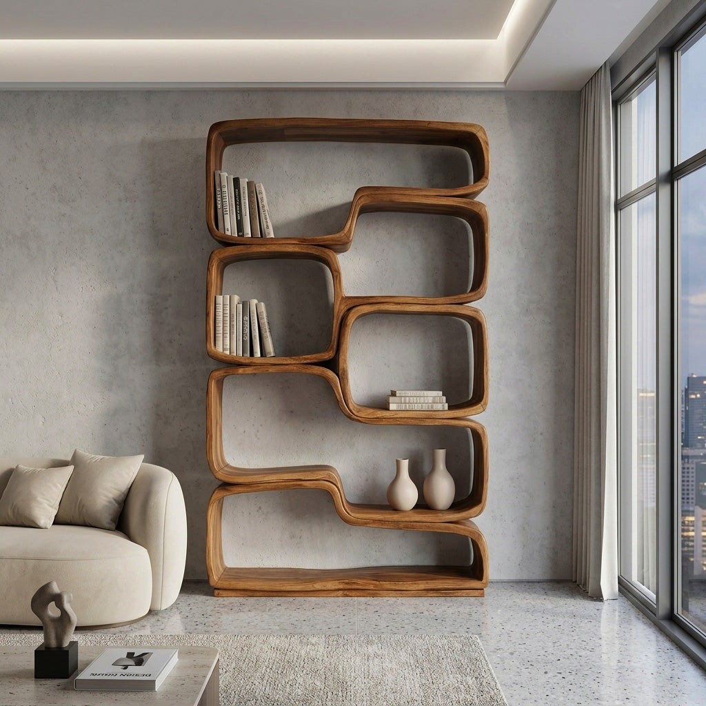 Contemporary Sculptural Natural Wood Bookshelf For Living Room