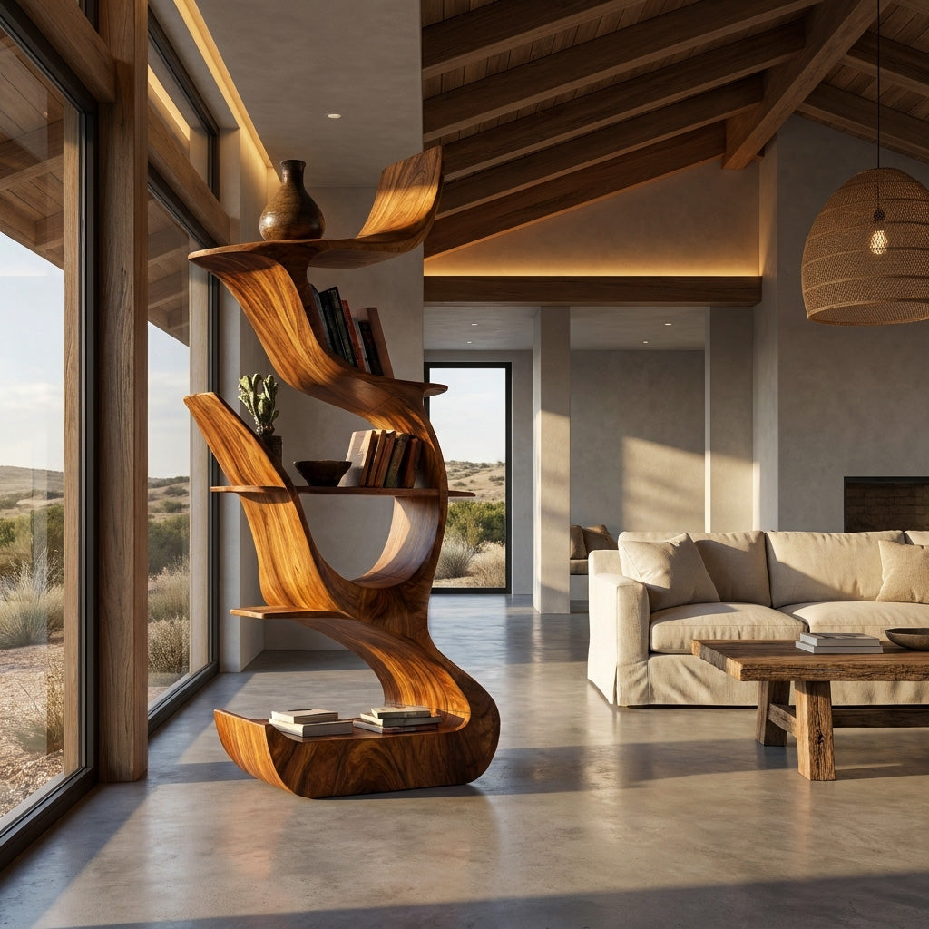 Contemporary Organic Wooden Bookshelf For Living Room Corner