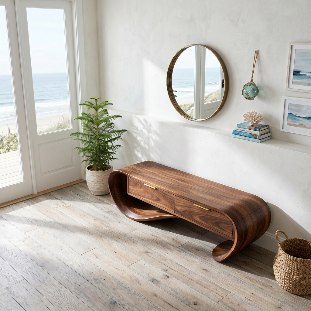 Contemporary Curved Bench With Drawer Storage For Entryway Interior