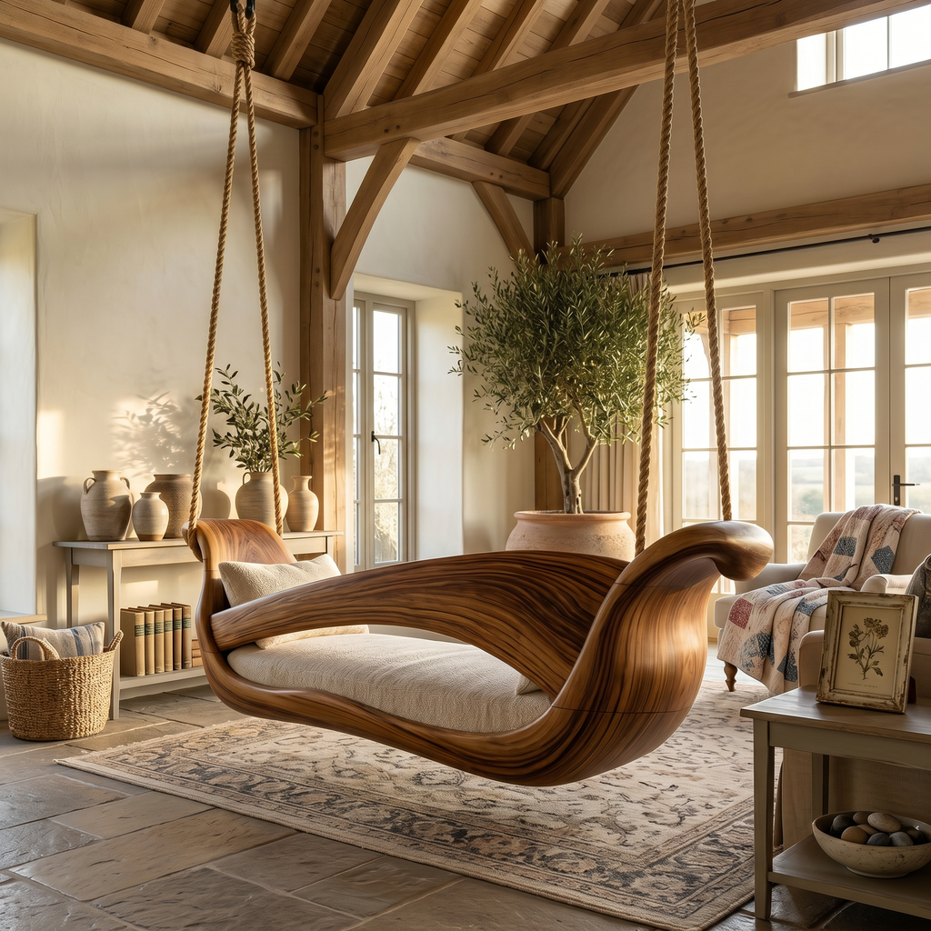 Artistic Sculptural Wooden Swing Bed Coastal Living Collection