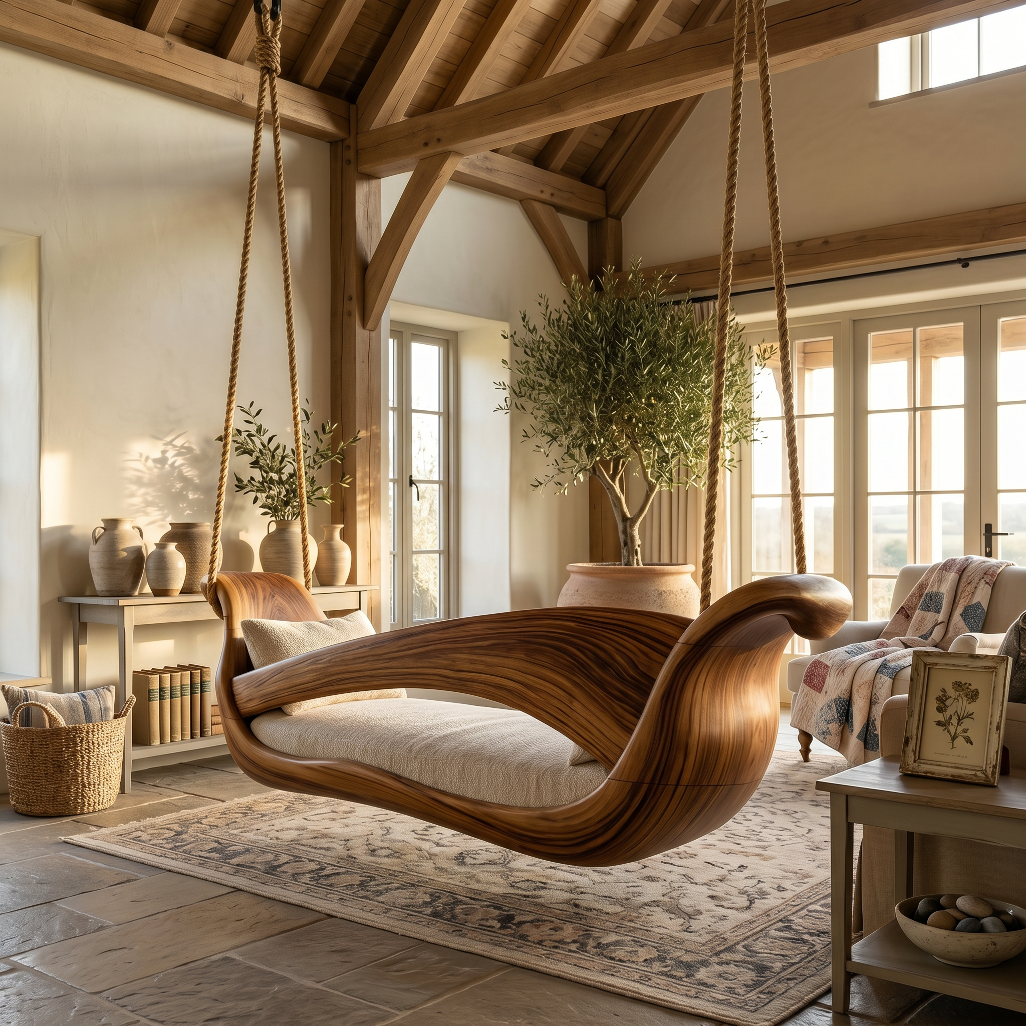 Artistic Sculptural Wooden Swing Bed Coastal Living Collection