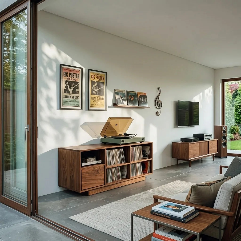 Elegant Vinyl Record Cabinet With Open Compartments For Living Room