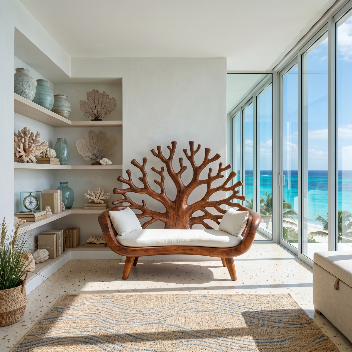 Contemporary Coral Branch Carved Bench For Sunroom Interior Area