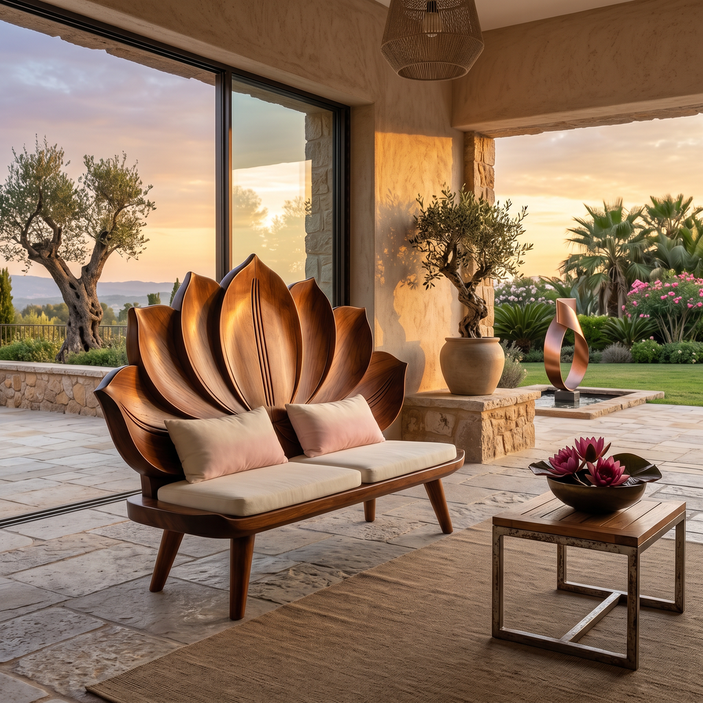 Contemporary Lotus Flower Back Bench For Bedroom Interior Space