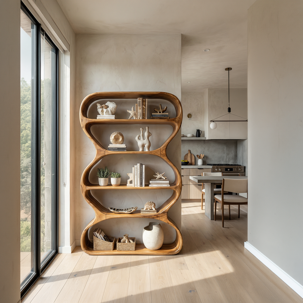 Contemporary Curved Bookshelf Living Room Display