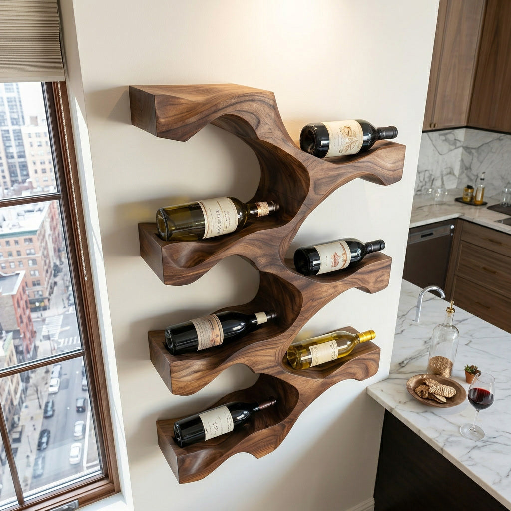 Artistic Natural Wood Wine Rack For Modern Kitchen Wall Decor