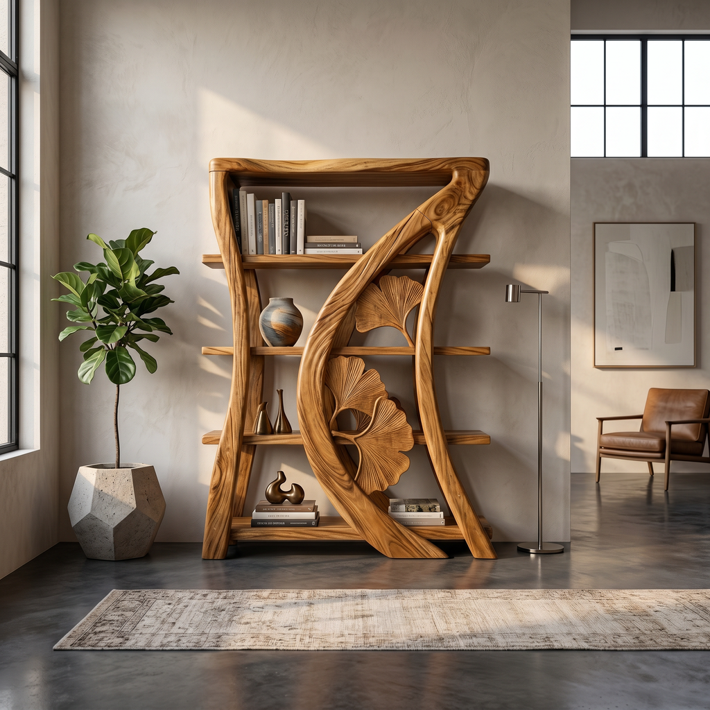 Artistic Wooden Bookcase With Botanical Sculpture Design