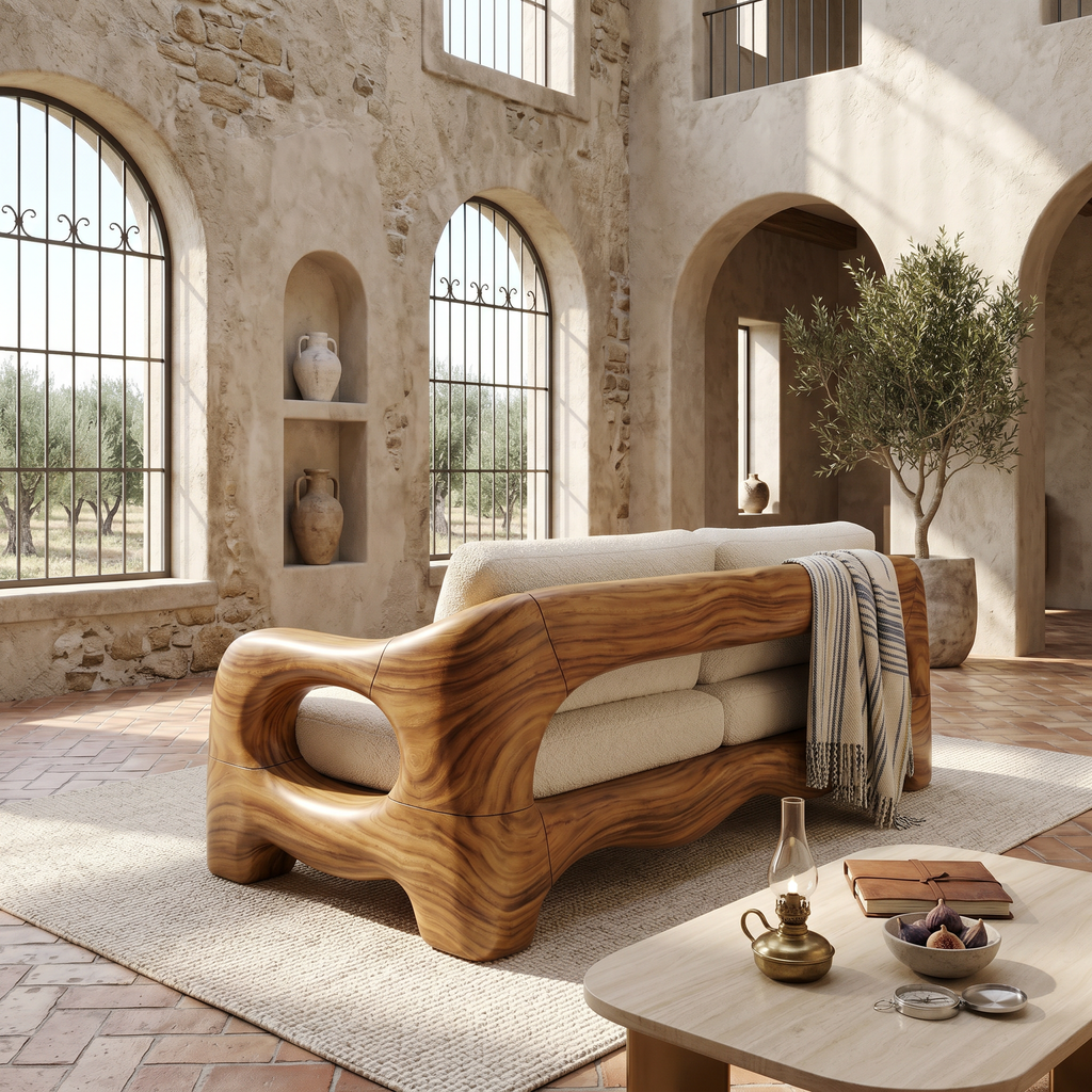 Contemporary Curved Wood Sofa Urban Apartment Interior