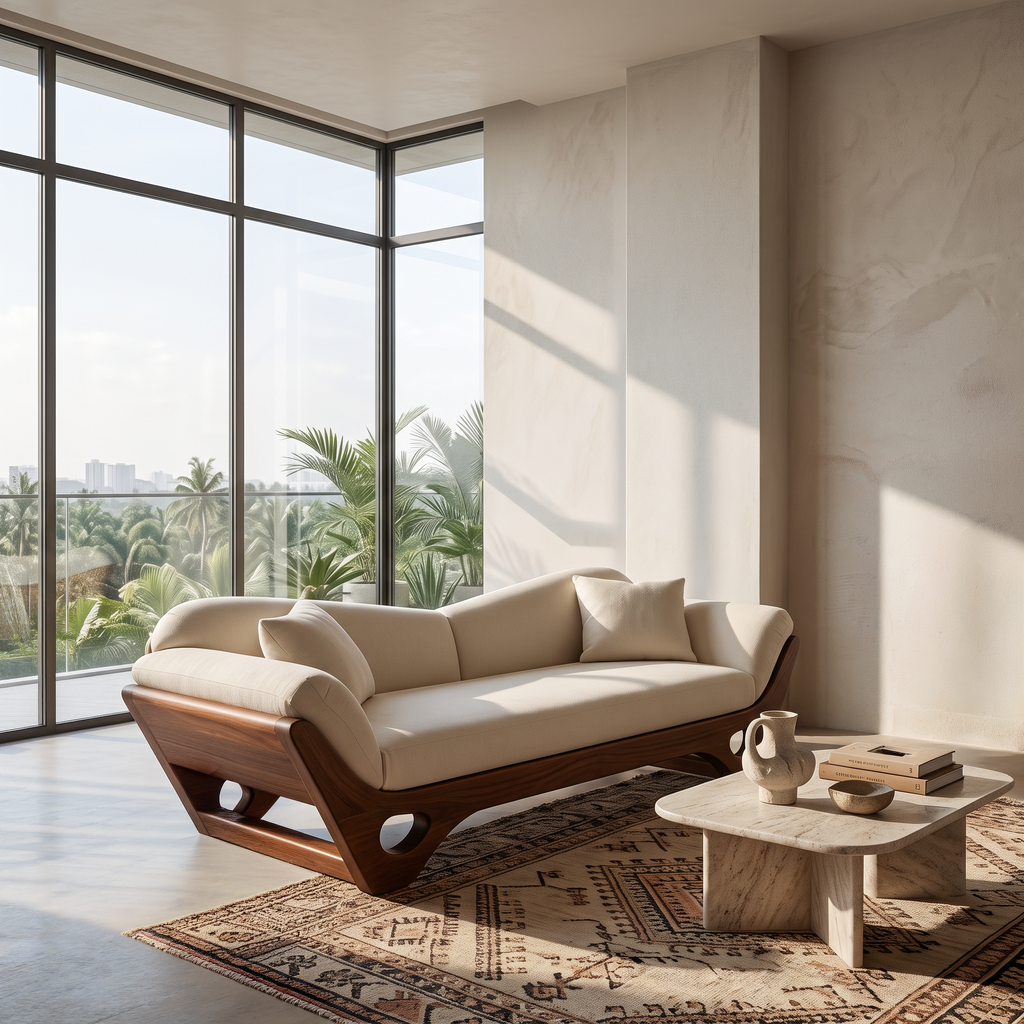Artistic Wooden Sofa With Sculptural Organic Frame For Contemporary Home