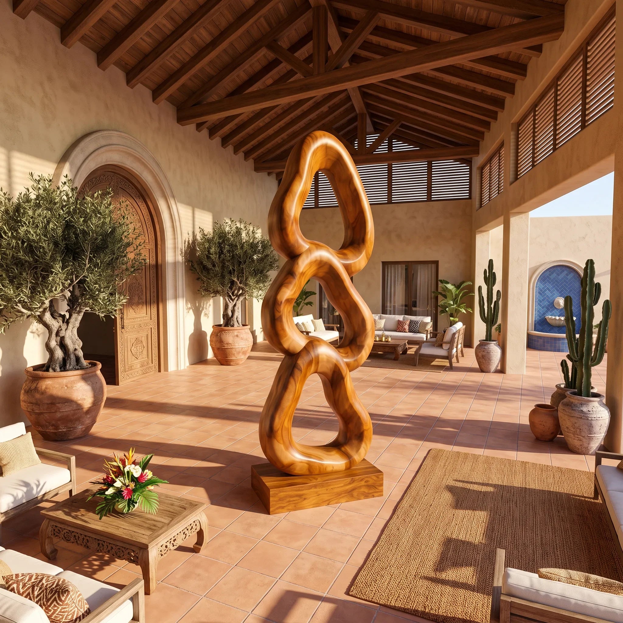 Abstract Wooden Sculpture For Luxury Coastal Balcony Decor