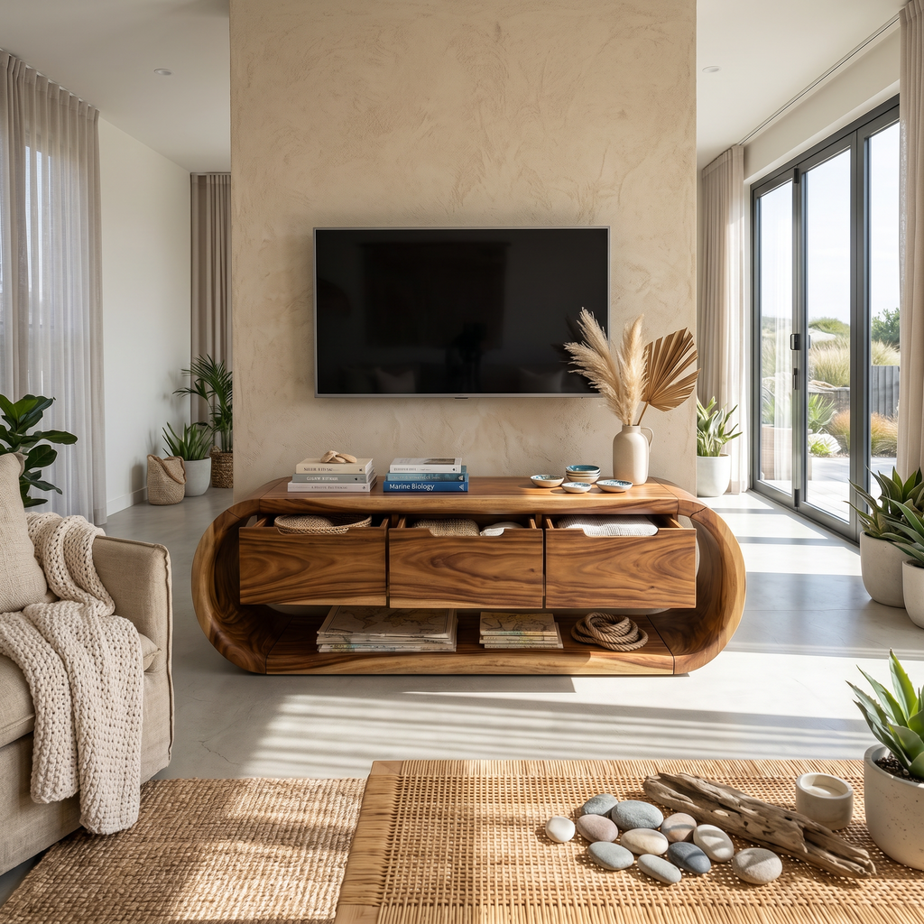 Coastal Greek Island TV Stand For Santorini Style Living Room