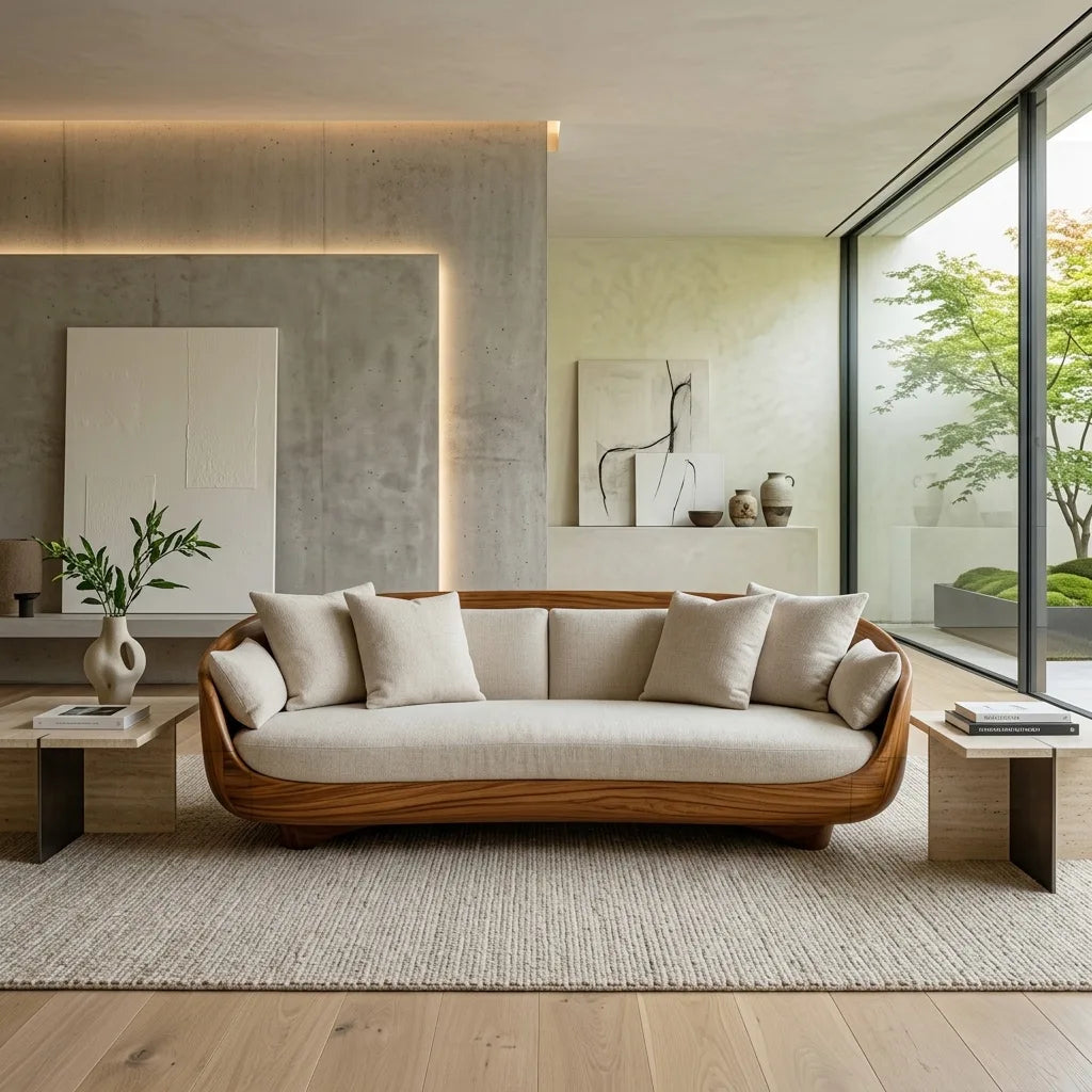 Contemporary Curved Wooden Sofa With Upholstered Seat For Living Room