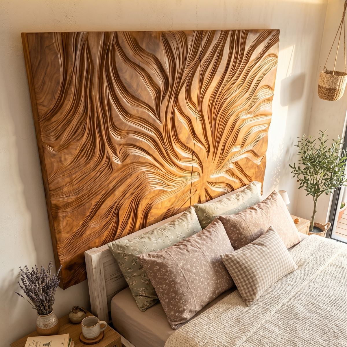 Abstract Flowing Grain Wood Headboard For Modern Minimalist Bedroom