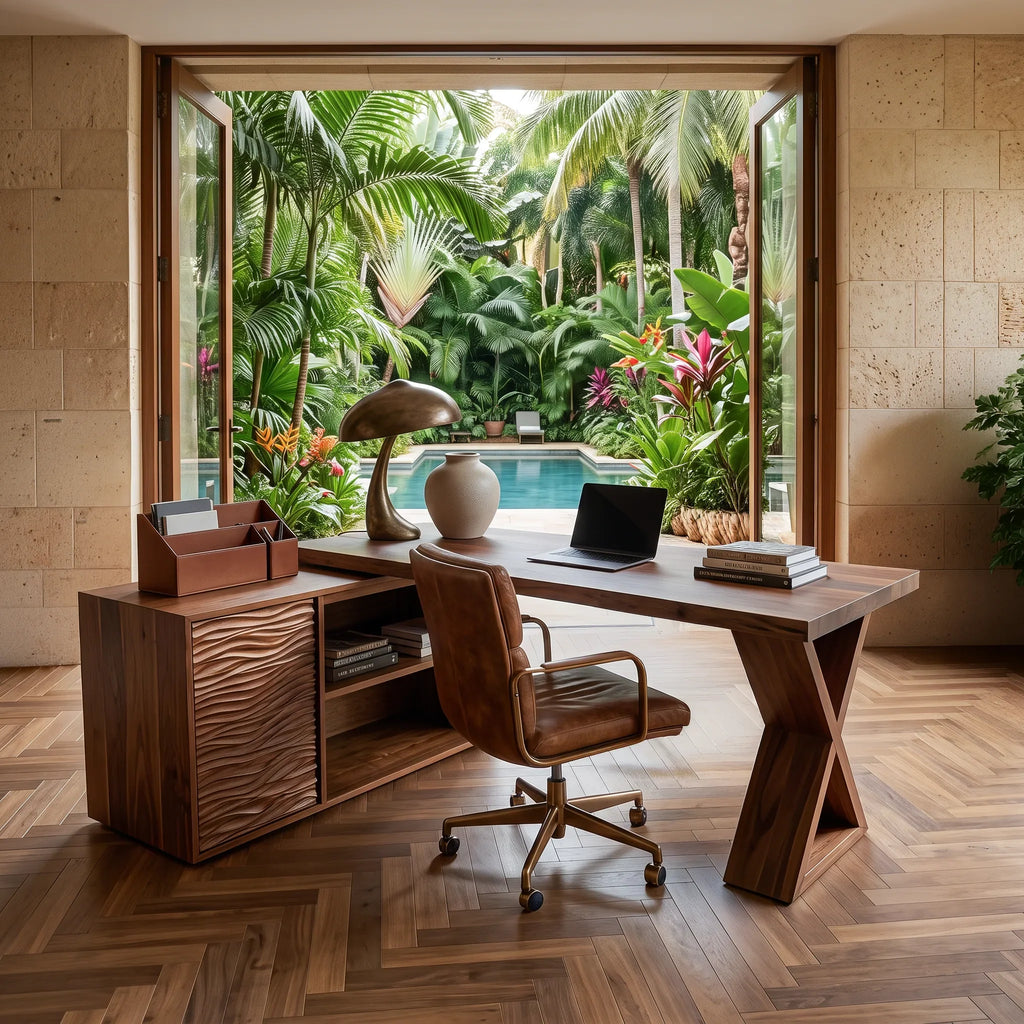 Contemporary L Shaped Desk With Wave Carved Cabinet For Home Office