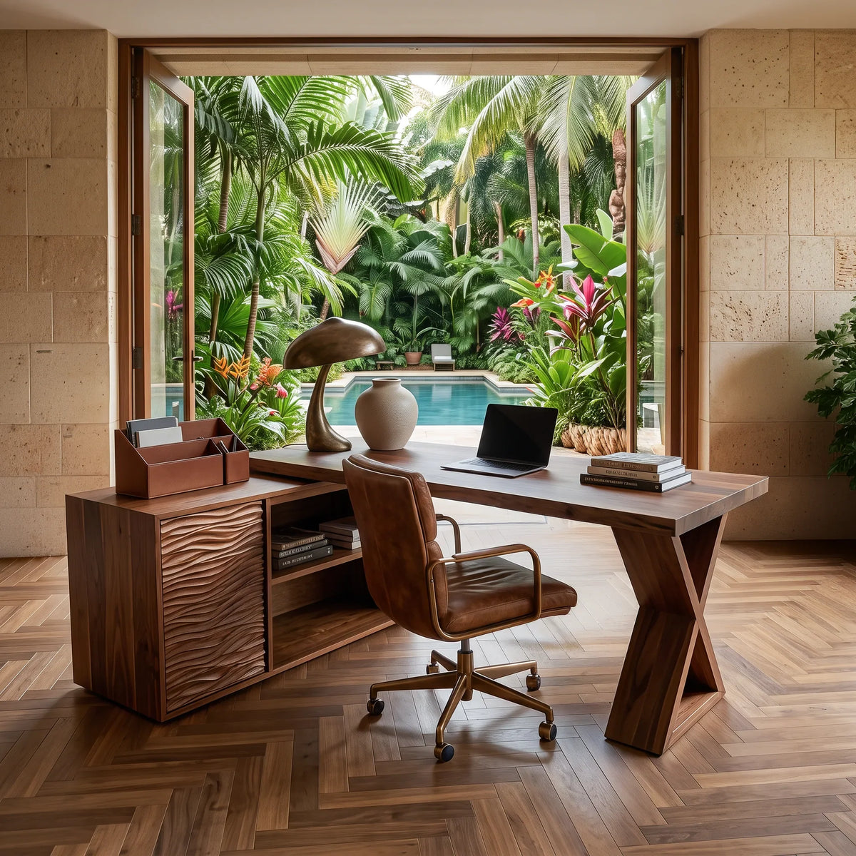 Contemporary L Shaped Desk With Wave Carved Cabinet For Home Office