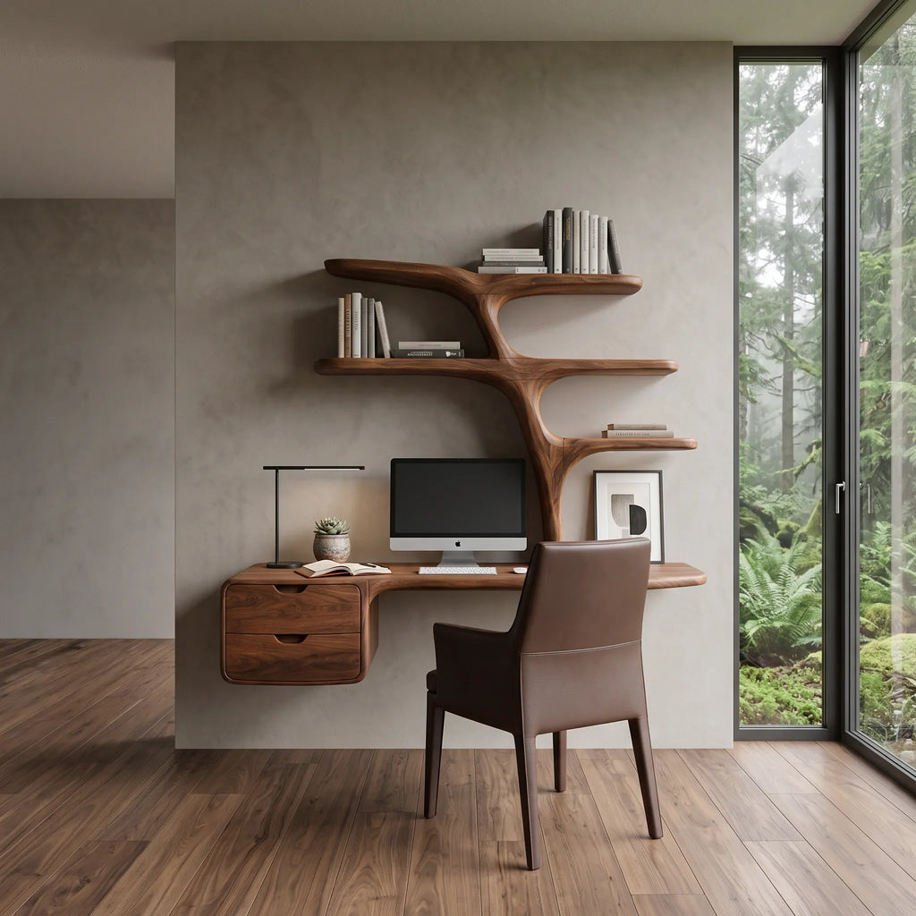 Contemporary Floating Desk Tree Form Bookshelf And Drawer For Workspace