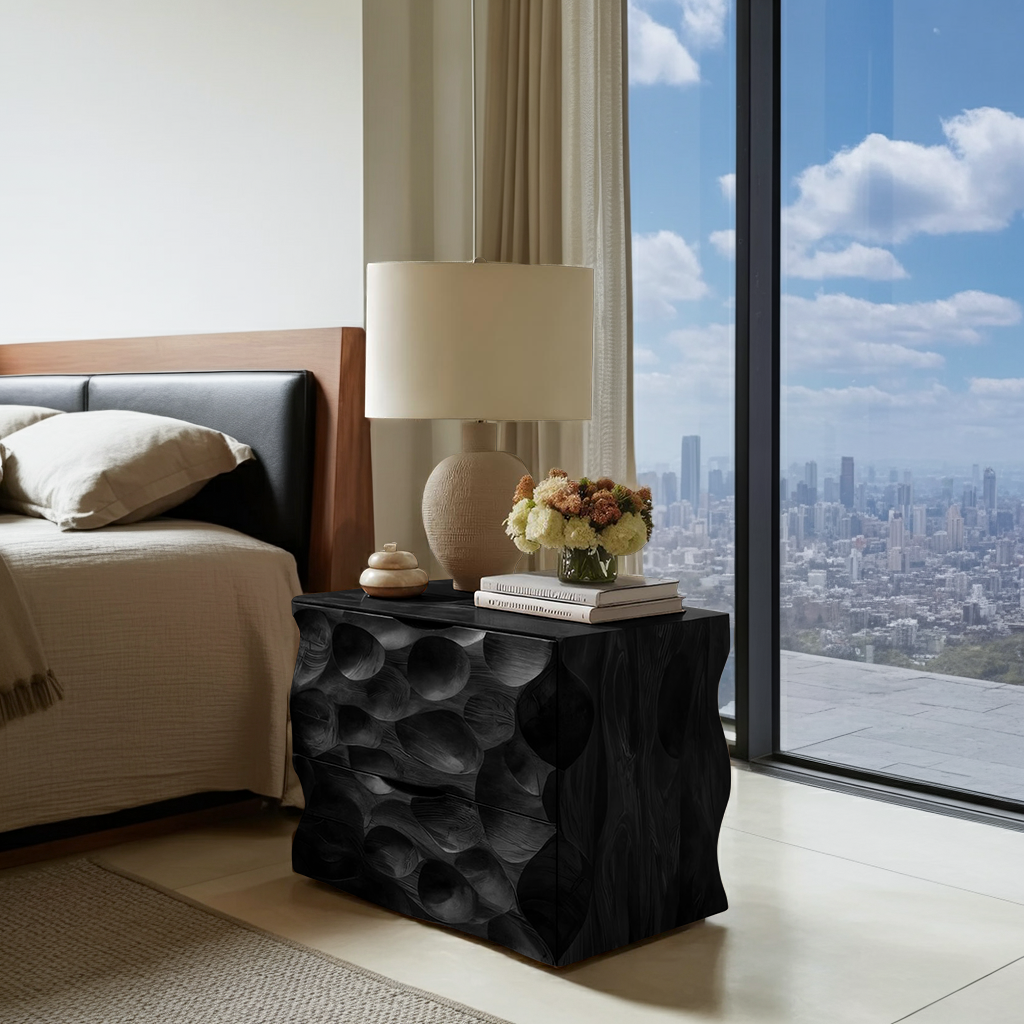 Carved Nightstand With Two Drawers For Bedroom