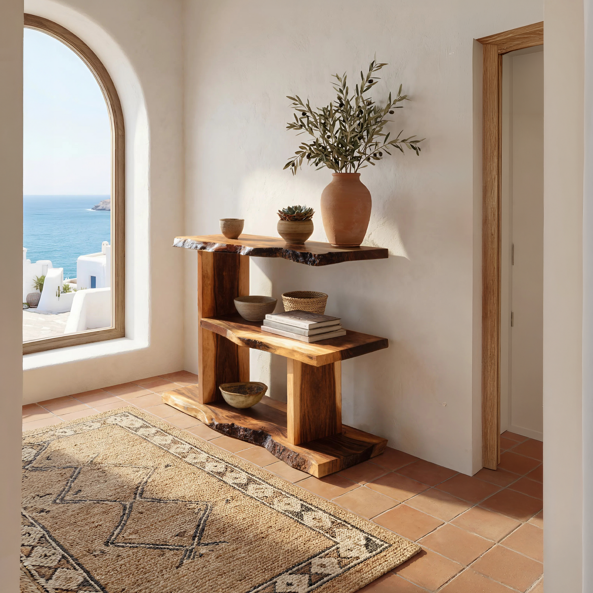 Artistic Wooden Live Edge Standing Shelf For Entryway Storage Design