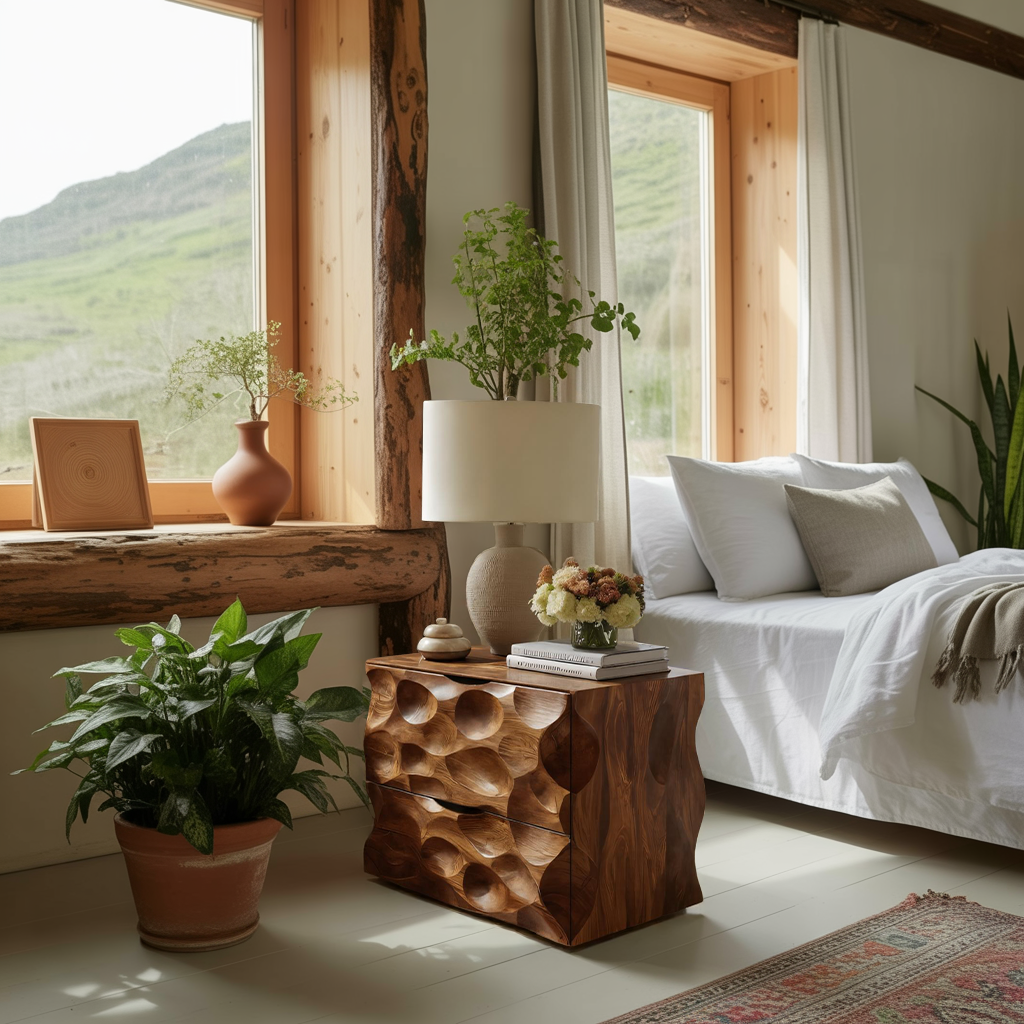 Carved Nightstand With Two Drawers For Bedroom