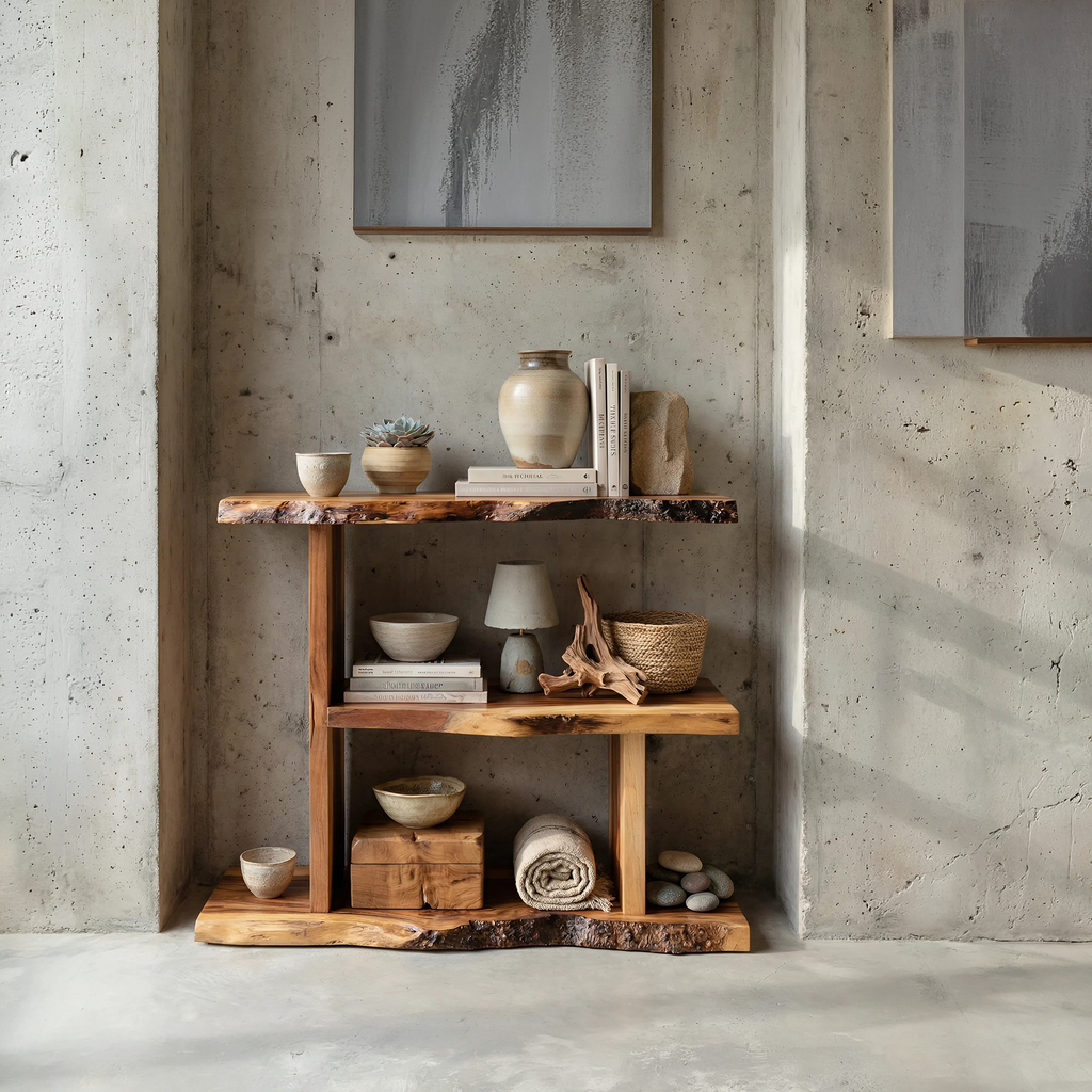Artistic Wooden Live Edge Standing Shelf For Entryway Storage Design