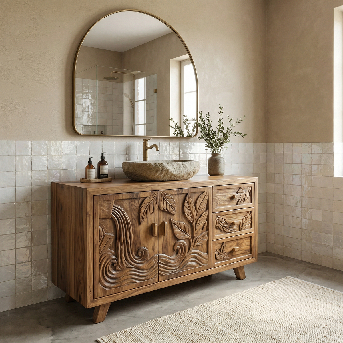 Bohemian Solid Wood Bathroom Vanity Leaf Carved Storage Cabinet - view 3