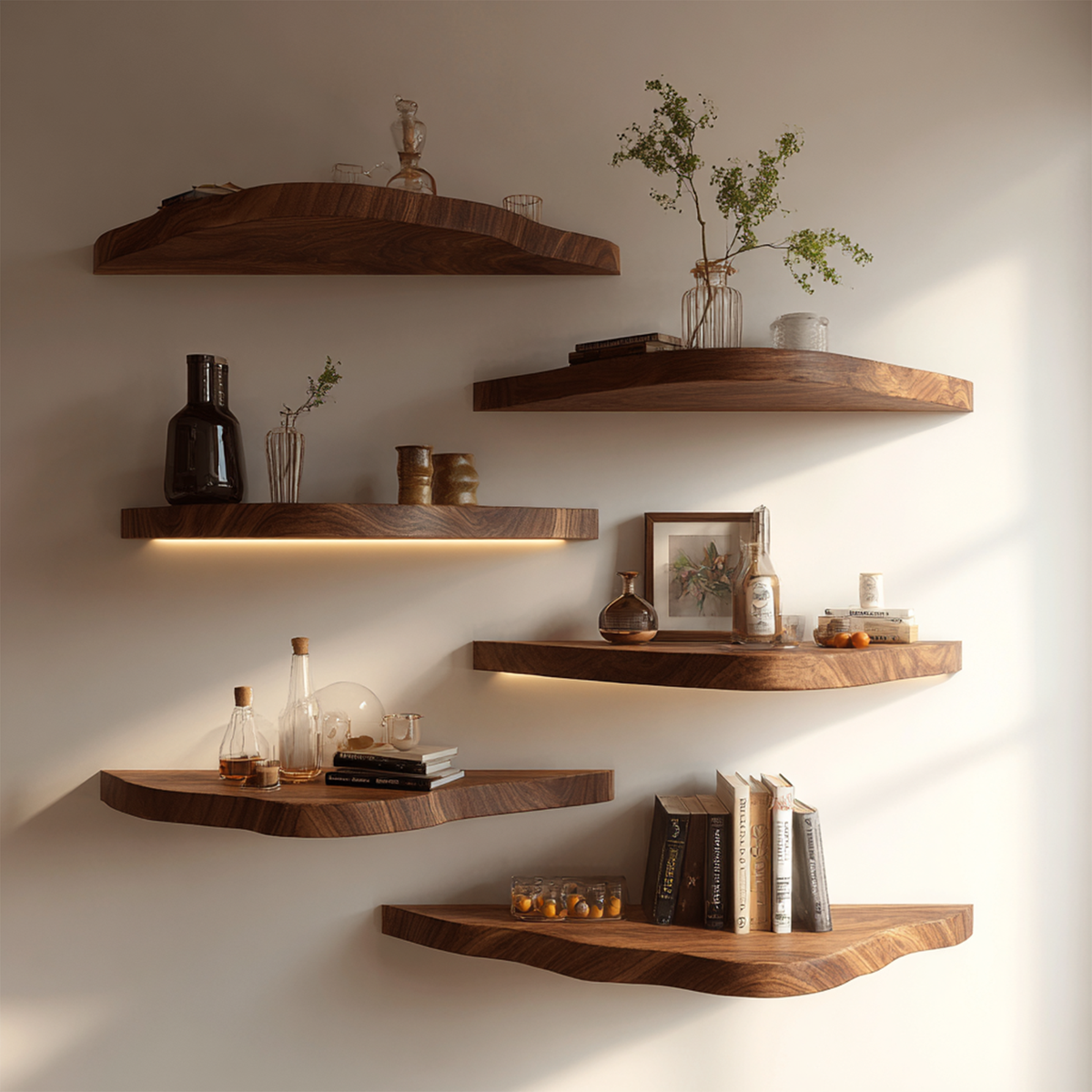 Asymmetrical Solid Wood Floating Shelves Organic Wall Display Interior Decor - view 3