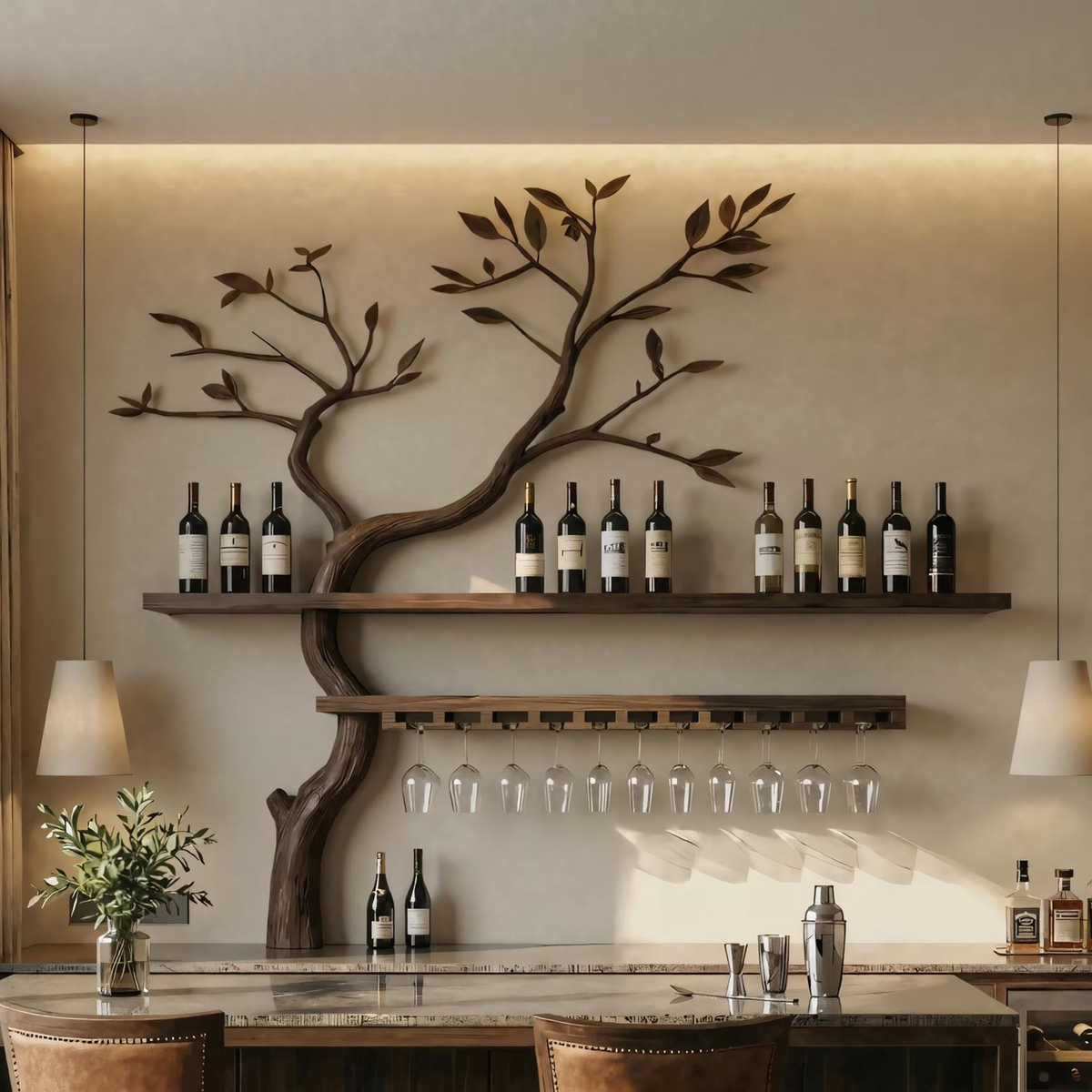 Artistic Tree Shaped Wooden Wall Wine Rack Bar Bottle Display Shelf Restaurant Bar Decor - view 3