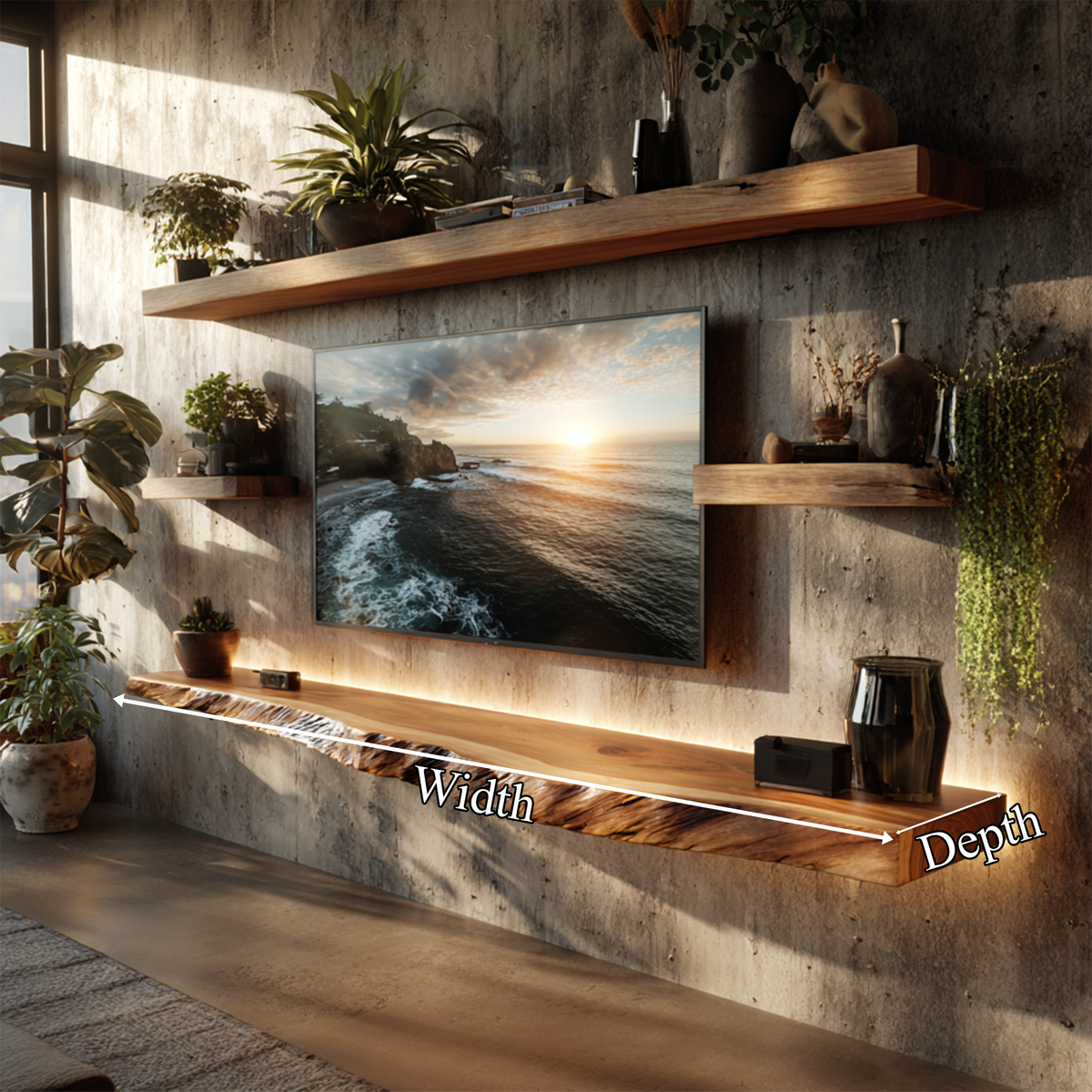 Artistic Live Edge Floating TV Shelf Solid Wood Living Room Interior Signature Furniture - view 4
