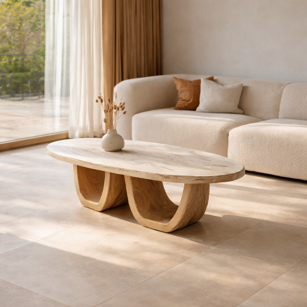Elegant Oval Solid Wood Coffee Table Sculptural Twin Base Calm Modern Living Room Interior - view 2