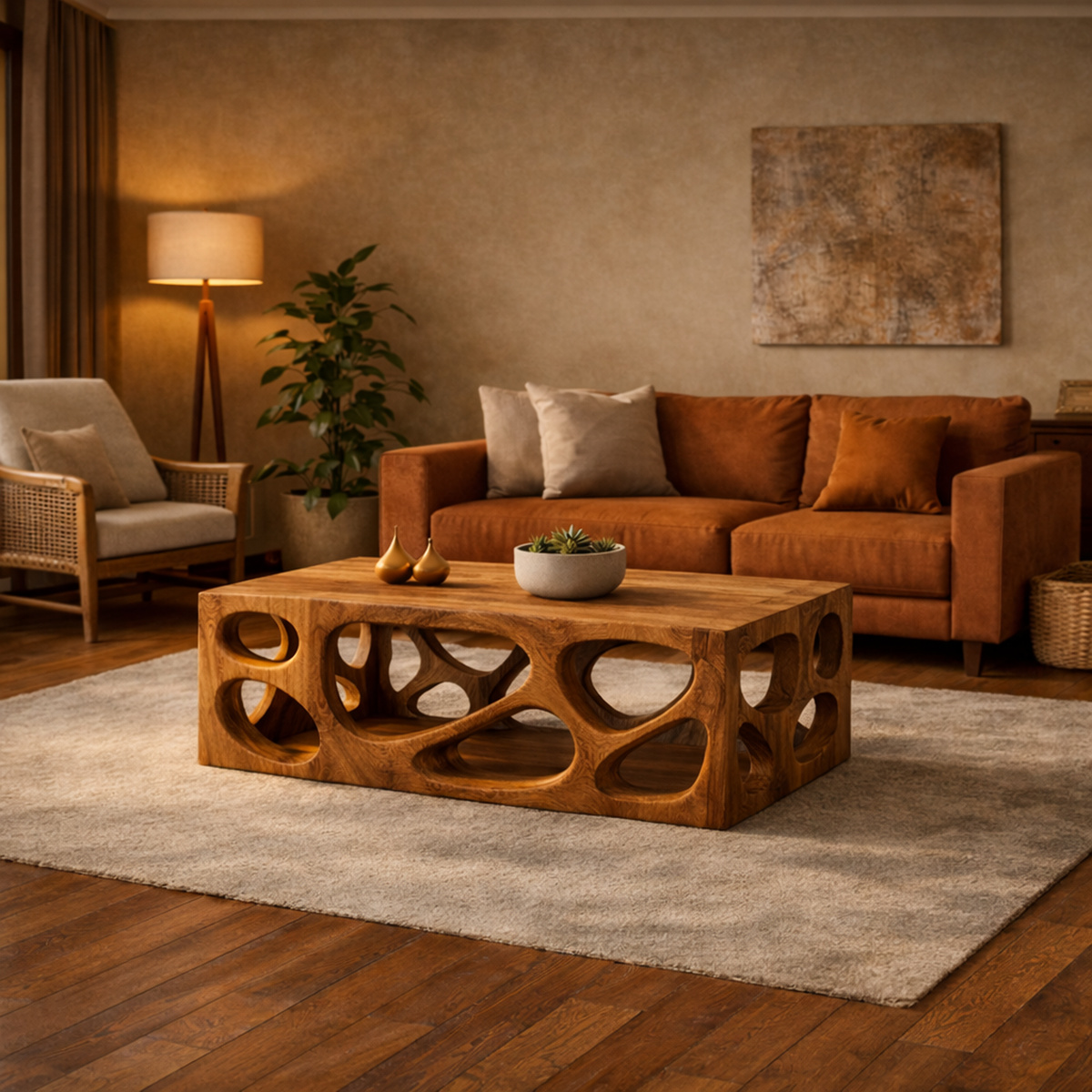 Architectural Carved Solid Wood Coffee Table Organic Void Design Statement Living Room - view 2
