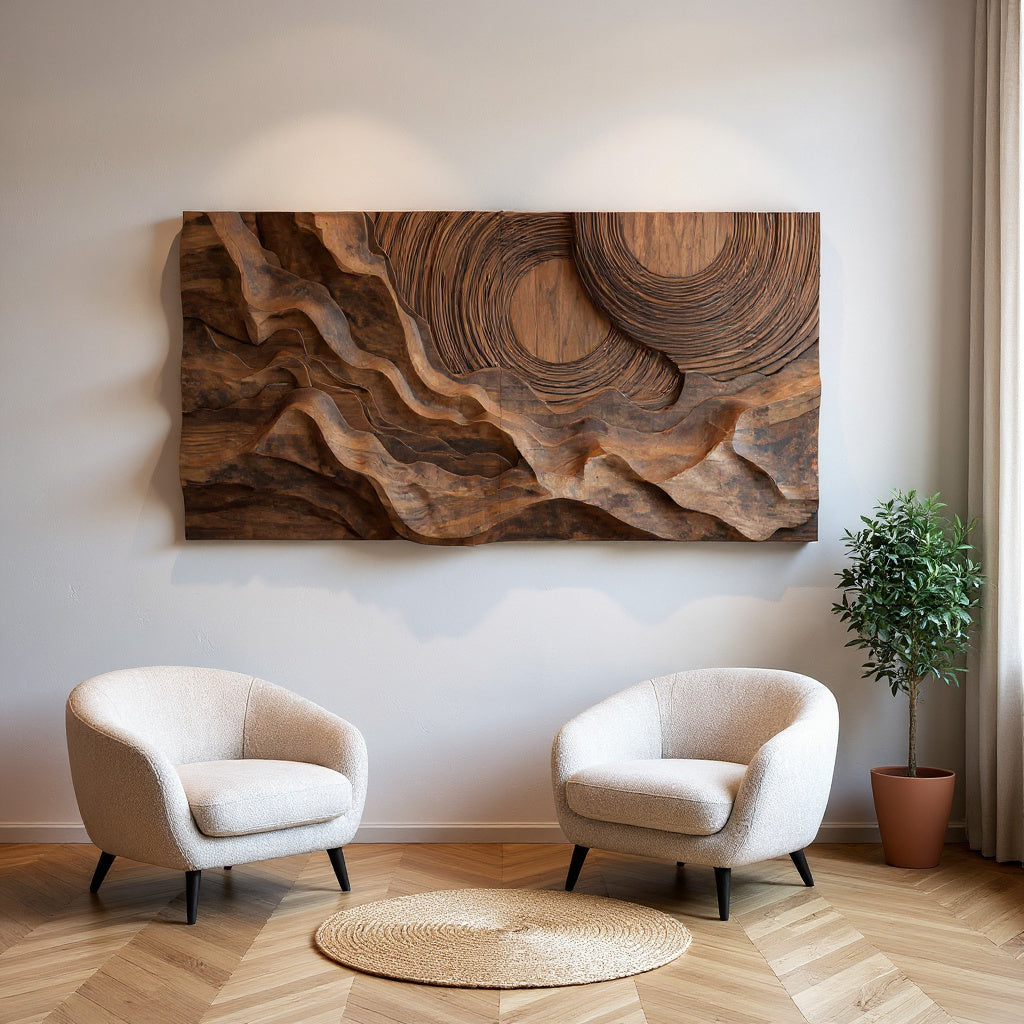 Abstract Sculptural Wood Wall Art With Carved Landscape For Interior
