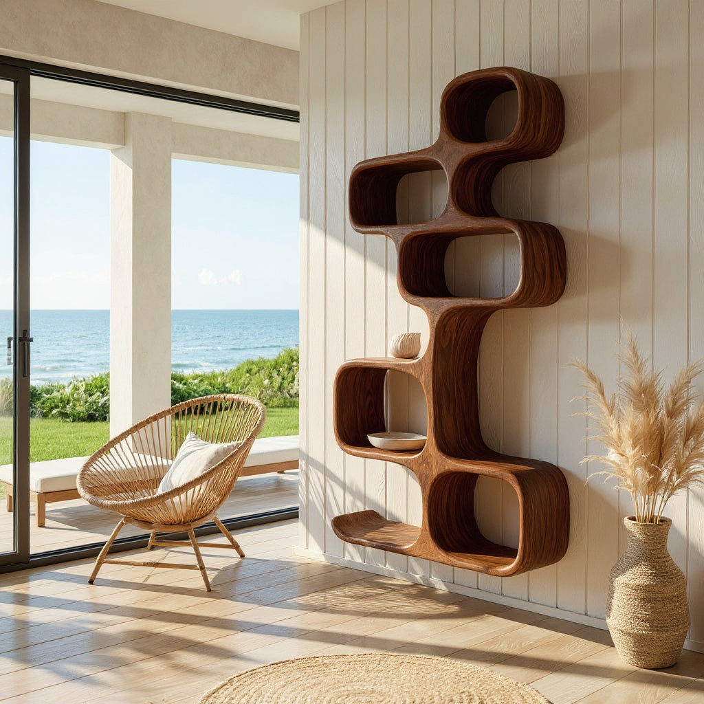 Abstract Wooden Wall Shelf For Living Room