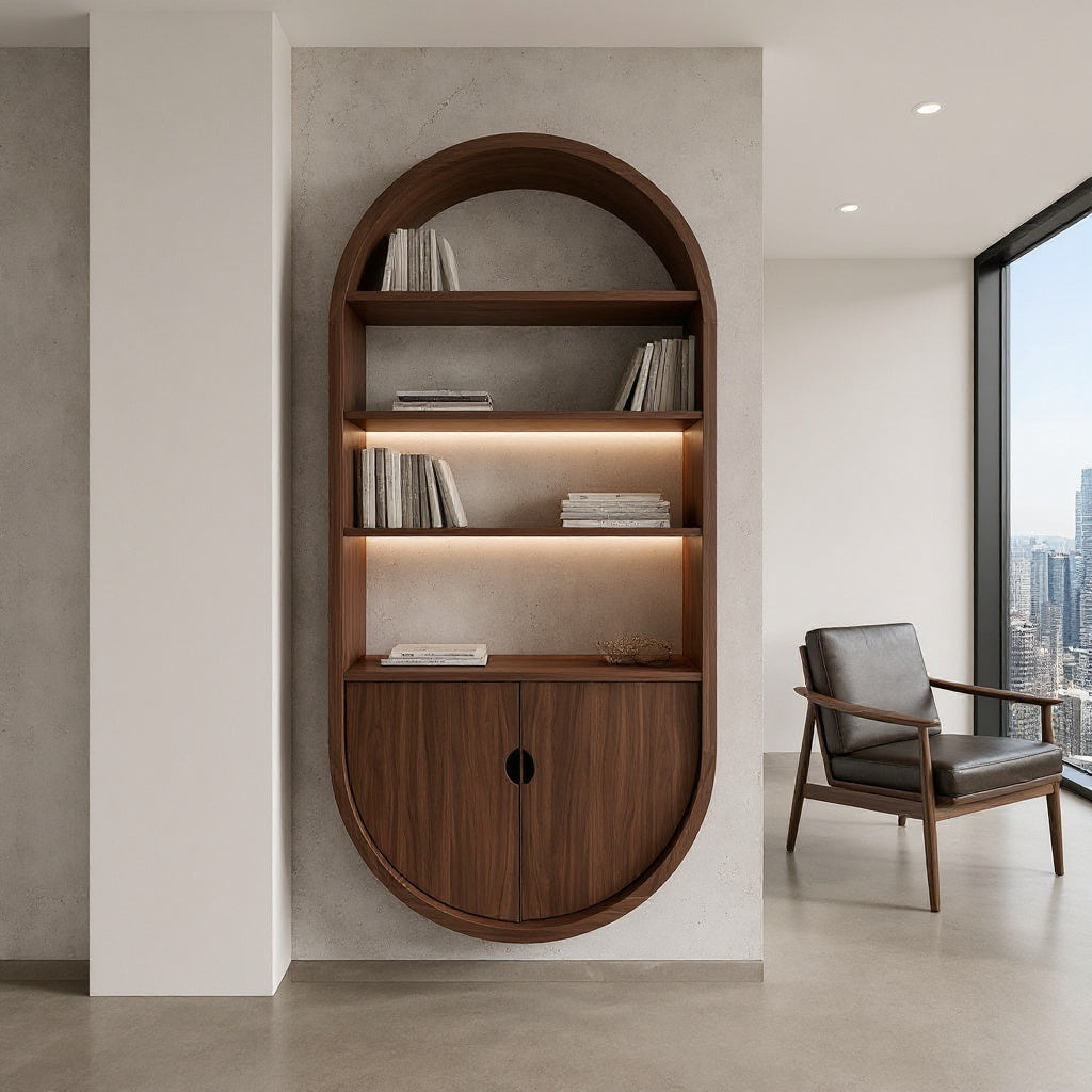 Arched Wooden Wall Bookshelf With Storage For Living Room