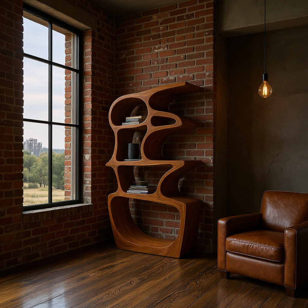 Artistic Bookshelf With Sculptural Open Shelves For Home Styling