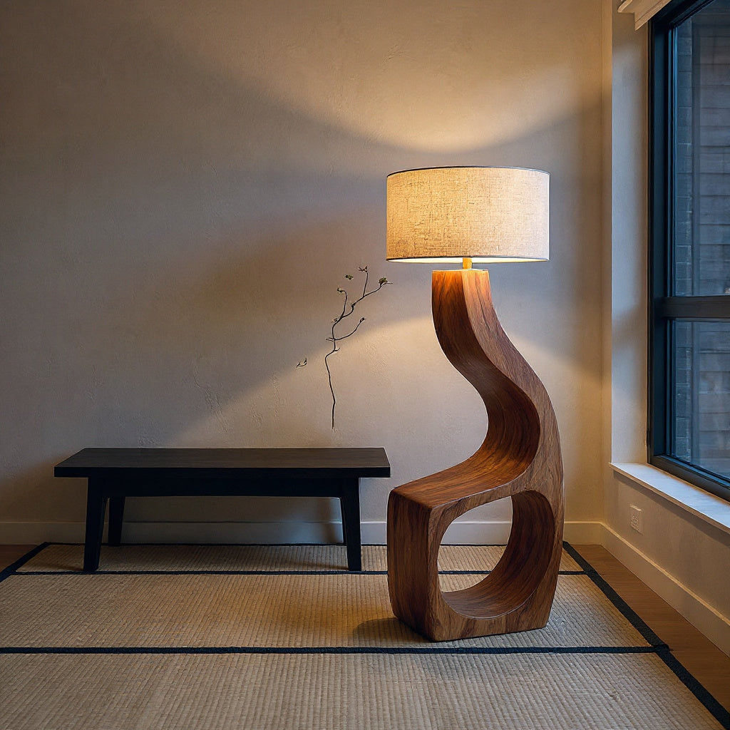 Artistic Natural Wood Standing Lamp With Shelf For Home Library