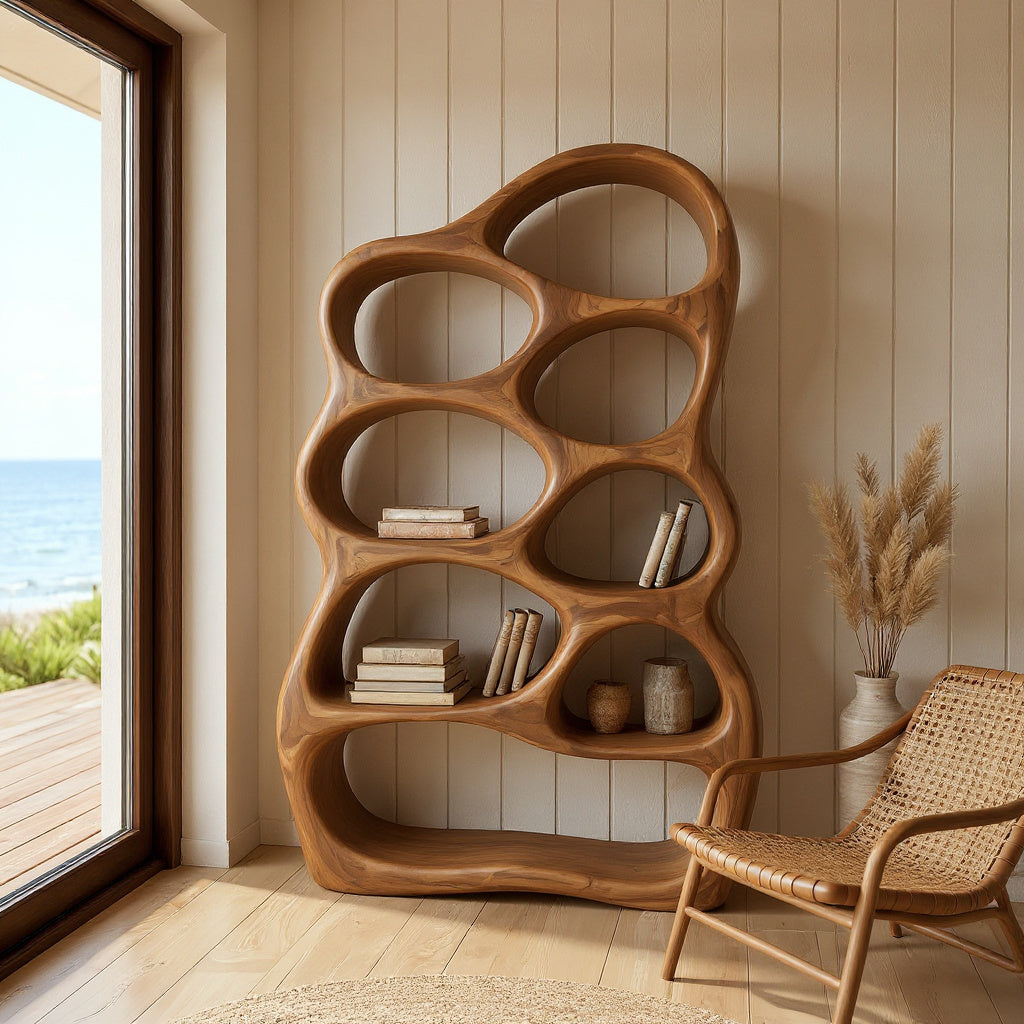 Artistic Sculptural Wood Bookshelf With Multi Tiers For Living Room