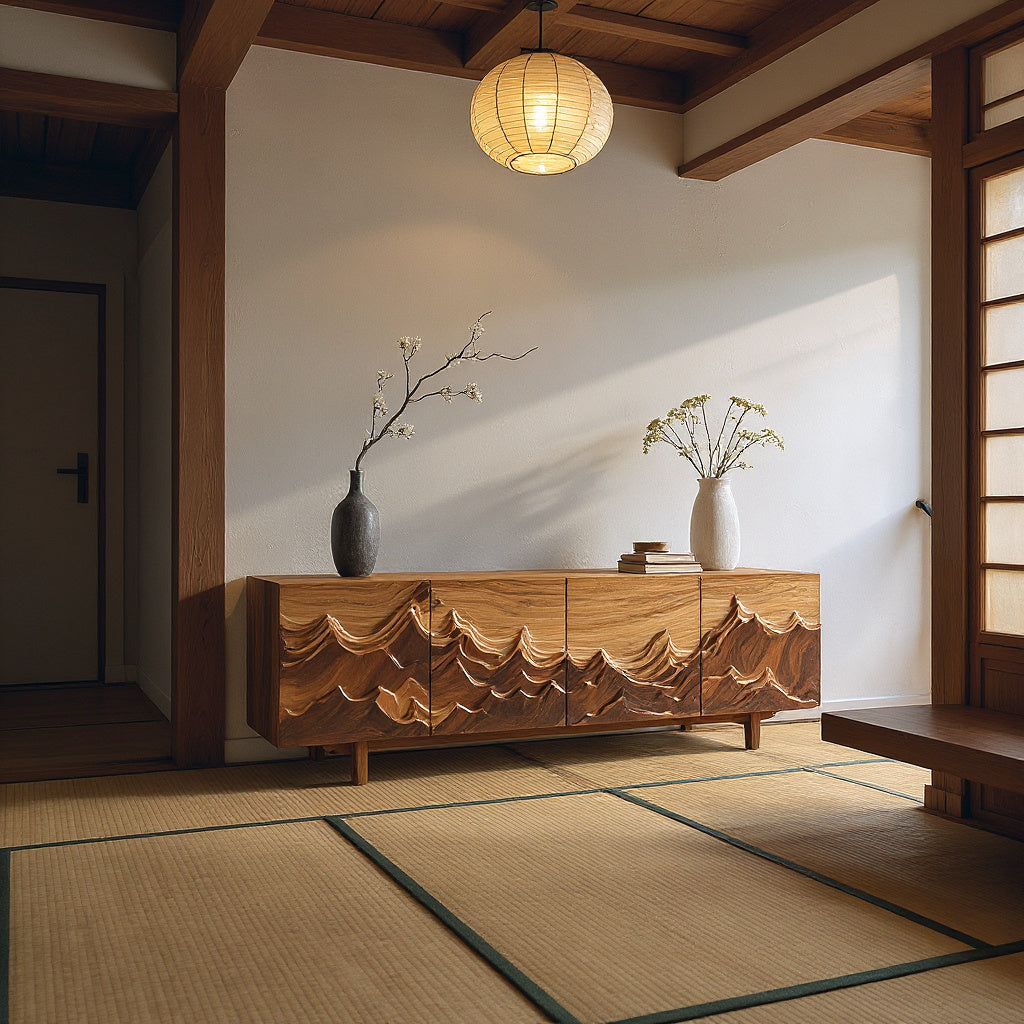 Artistic Sideboard With Carved Mountain Doors For Living Room