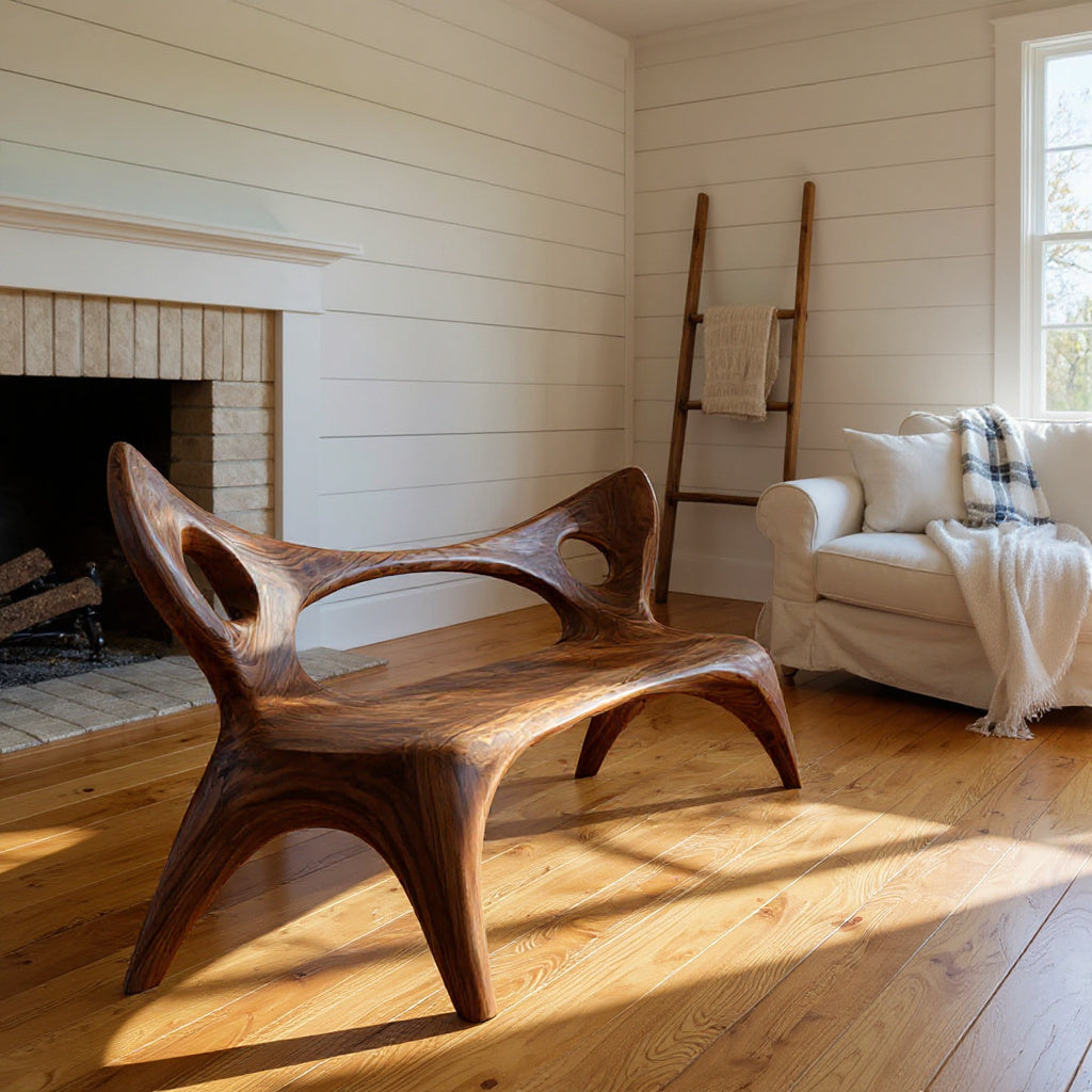 Artistic Wood Bench With Sculptural Backrest For Living Room