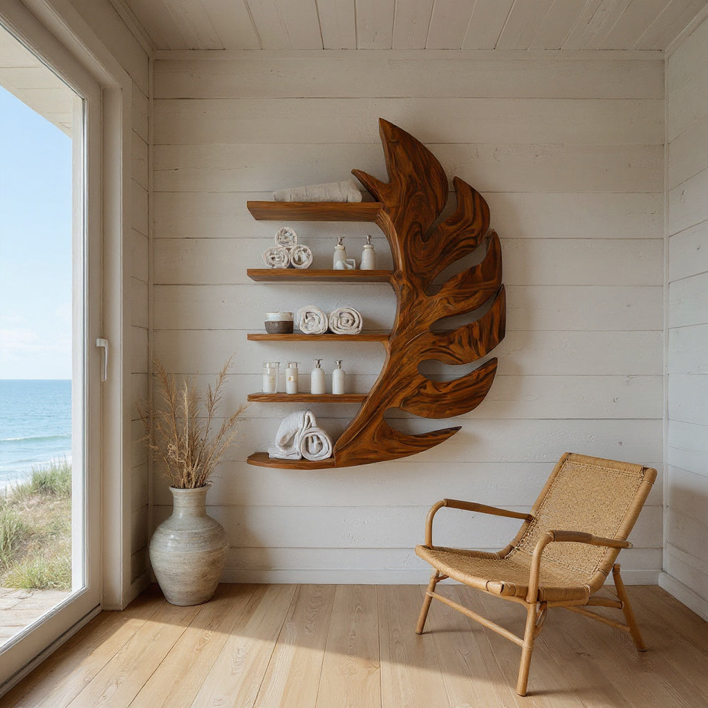 Artistic Wood Leaf Bathroom Shelf For Bathroom
