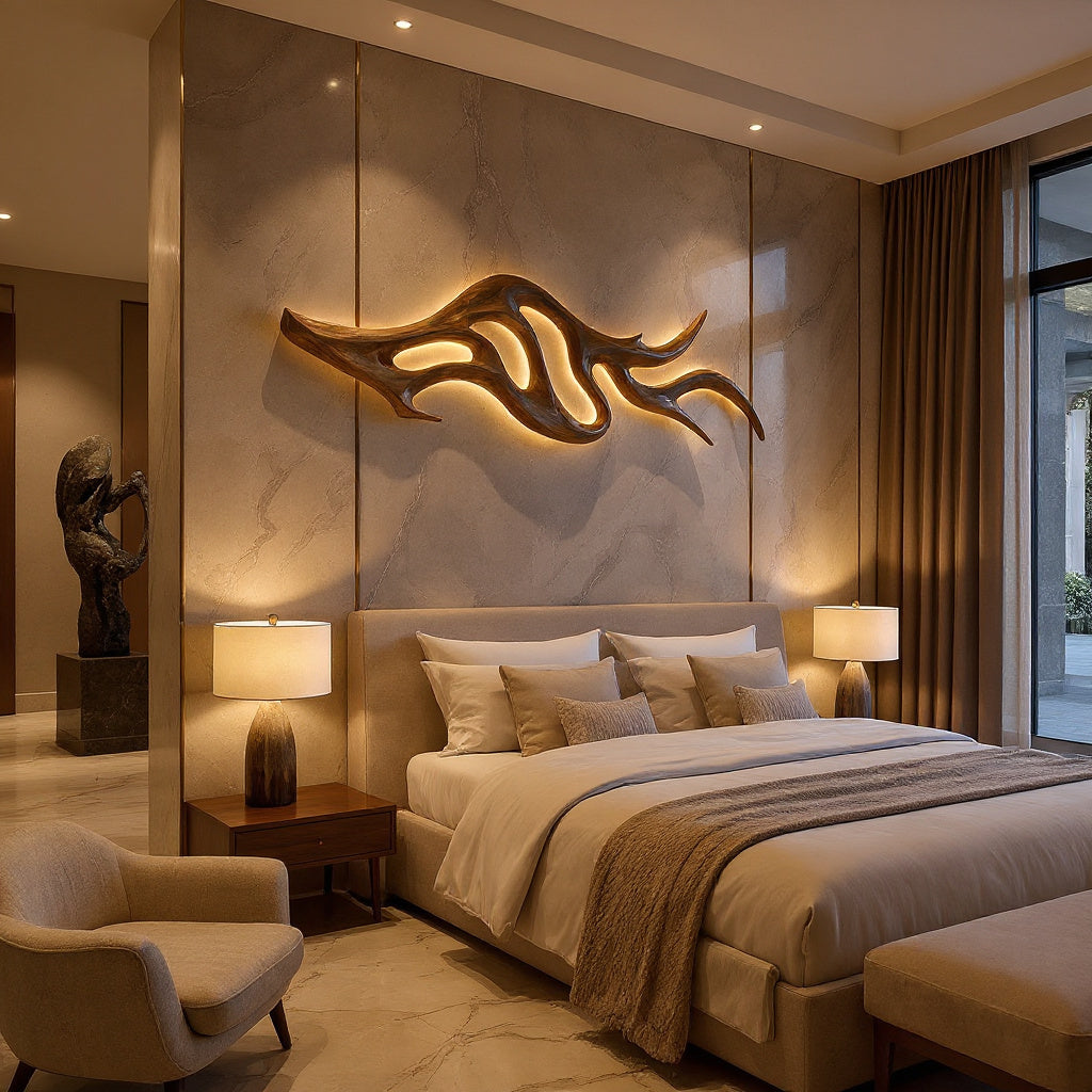 Artistic Wood LED Wall Sculpture With Sculptural Form For Bedroom
