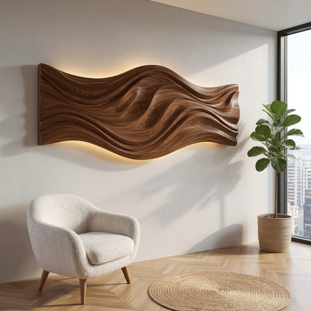 Artistic Wood Wall Art With Carved Wavy For Family Room