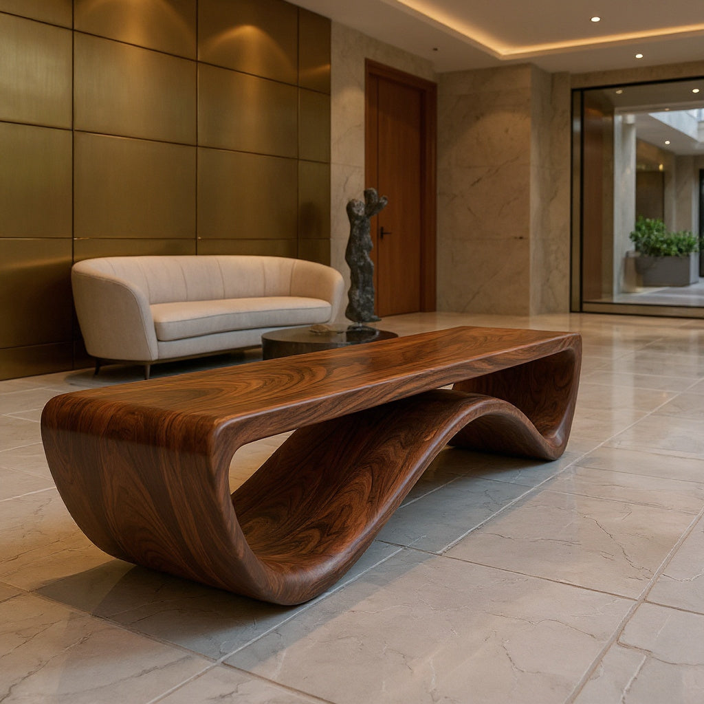 Artistic Wooden Bench With Unique Flowing Base For Modern Home