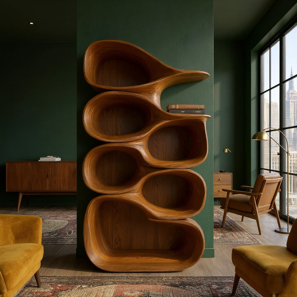 Artistic Wooden Bookshelf With Sculptural Display Shelving For Home