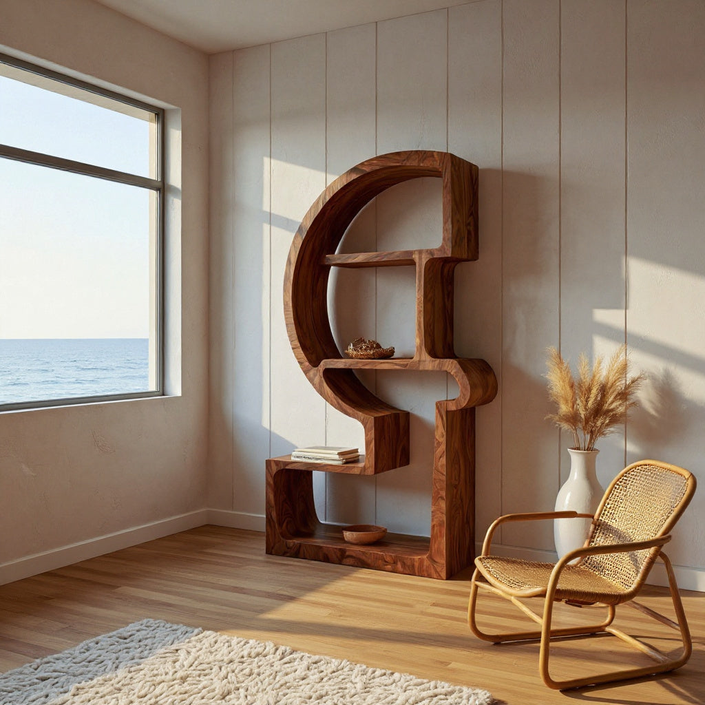 Artistic Wooden Bookshelf With Unique Curved Structure For Home