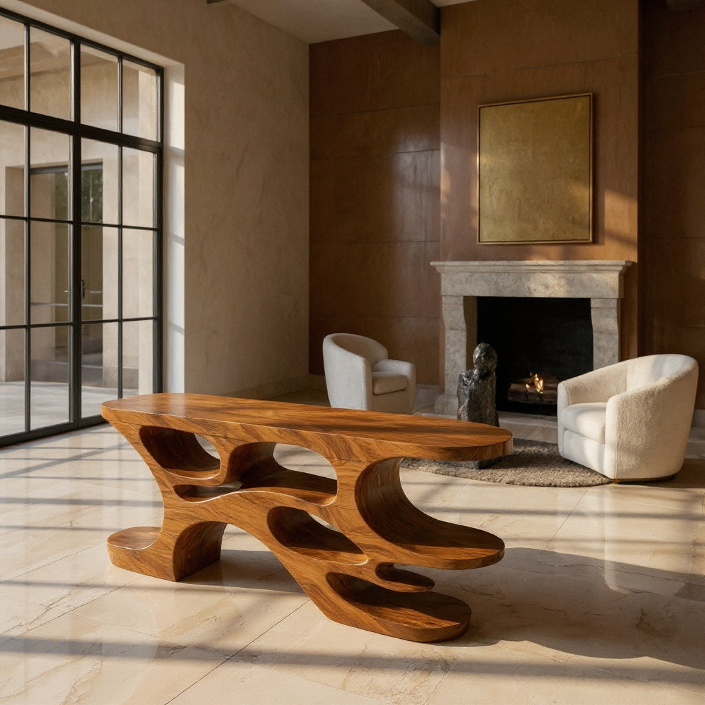 Artistic Wooden Console Table With Cutout Shelves For Home Decor