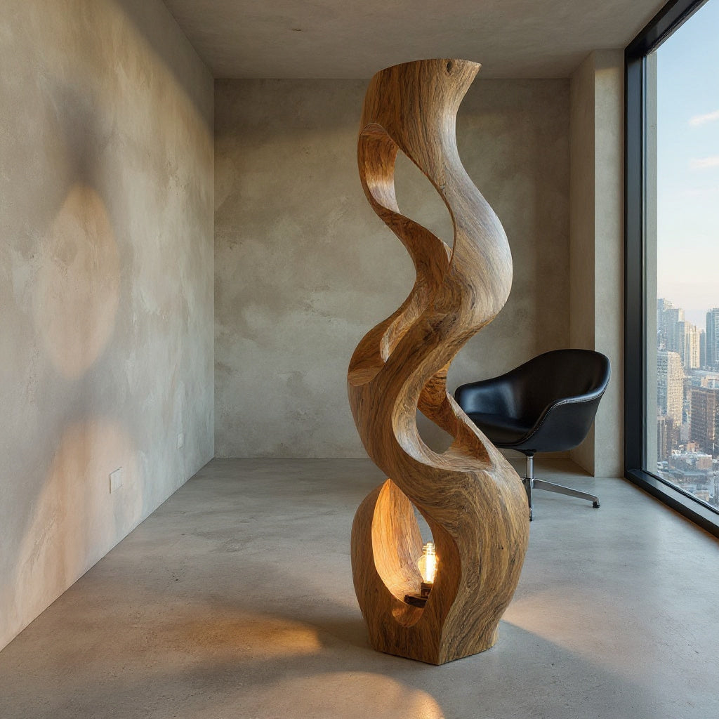 Artistic Wooden Floor Lamp With Flowing Form For Bedroom